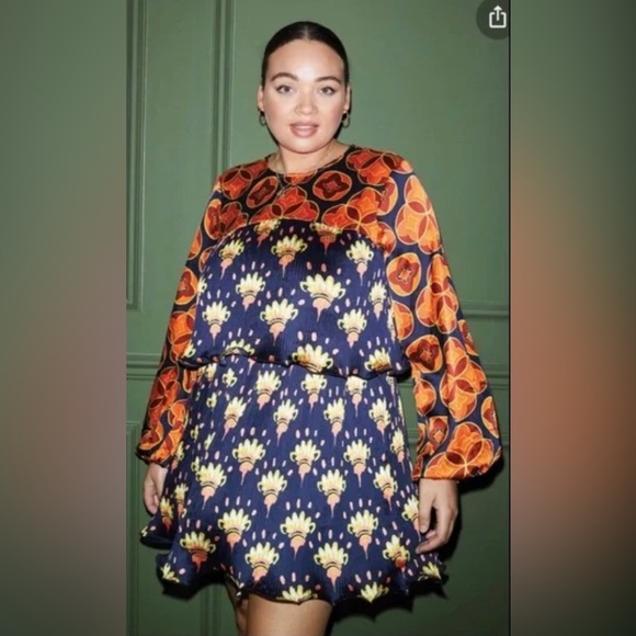 Never Fully Dressed Blue and Orange 70s inspired Long Sleeve Dress - Picture 1 of 11
